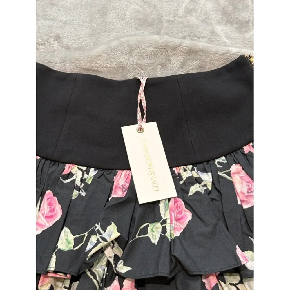 LoveShackFancy Black Floral Tiered Rose Mini Skirt - Picture 2 of 6